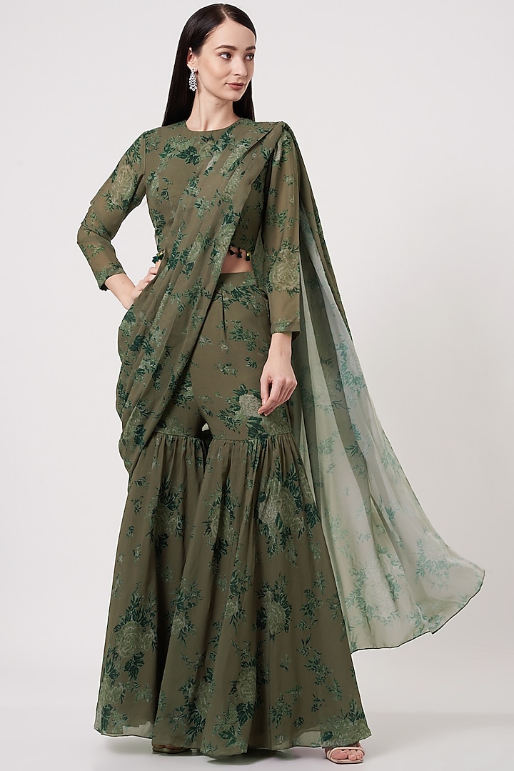 Mehendi Green Printed Draped Saree Set by Soniya G