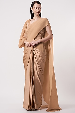 Peach Pleated Silk & Satin Draped Saree Set by Soniya G