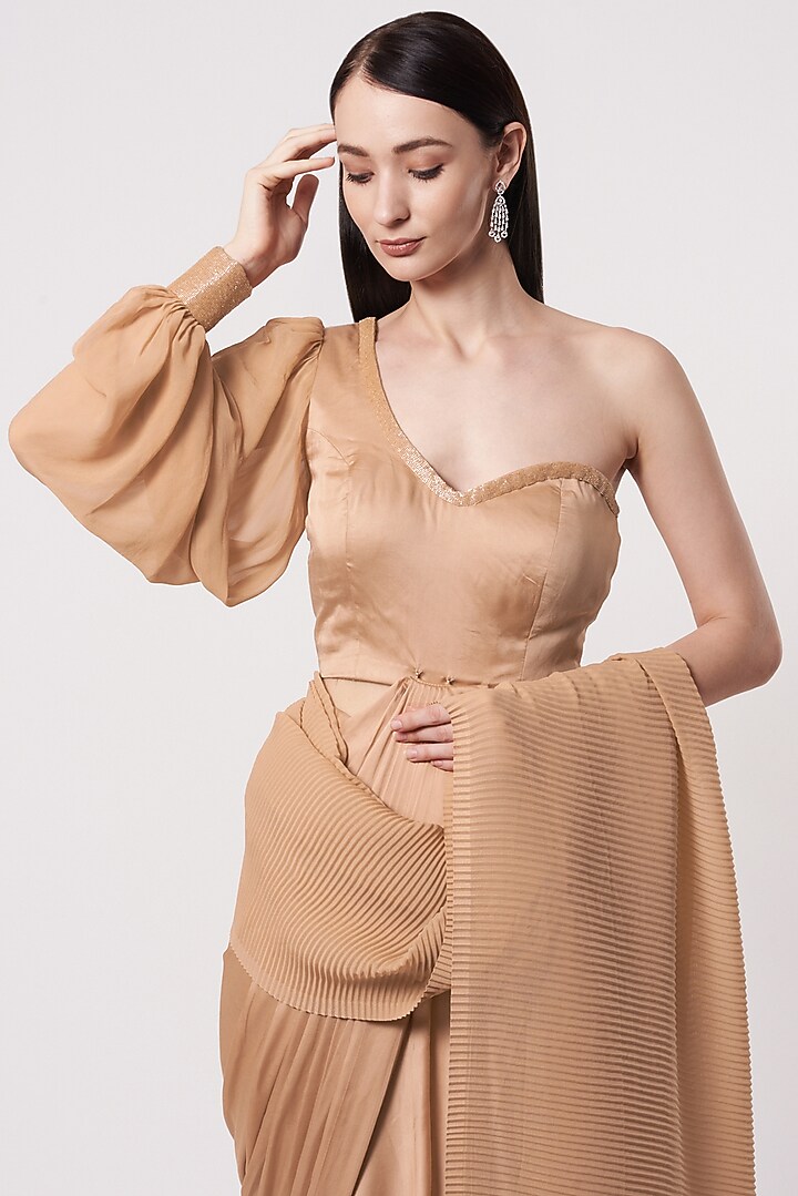 Peach Pleated Silk & Satin Draped Party Wear Saree Set by Soniya G at Pernia's Pop Up Shop