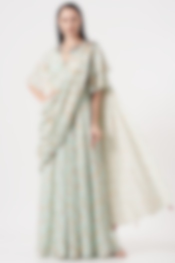 Mint Green Printed Draped Saree Set by Soniya G at Pernia's Pop Up Shop