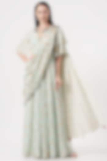 Mint Green Printed Draped Saree Set by Soniya G