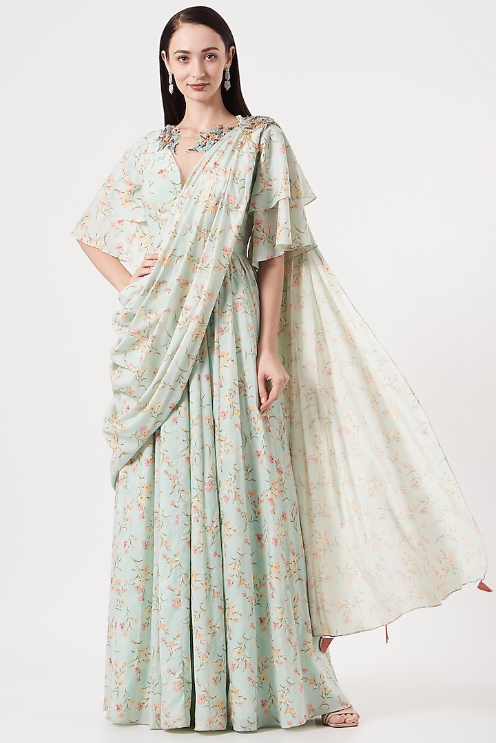 Mint Green Printed Draped Saree Set by Soniya G