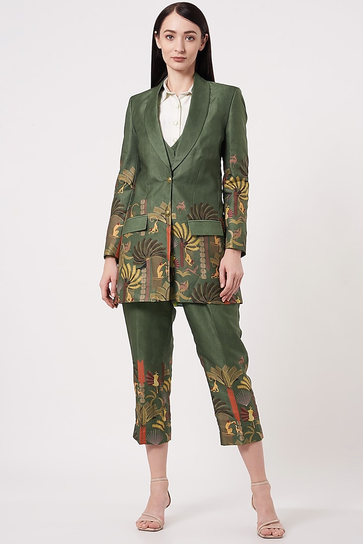 Olive Green Printed Suit Set by Soniya G
