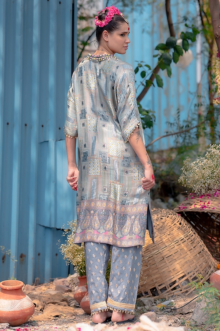 Silver Banarasi Silk Printed Kurta Set by Soniya G at Pernia's Pop Up Shop
