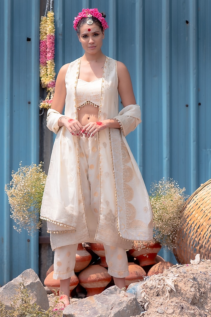 Ivory Banarasi Silk Co-Ord Set by Soniya G at Pernia's Pop Up Shop
