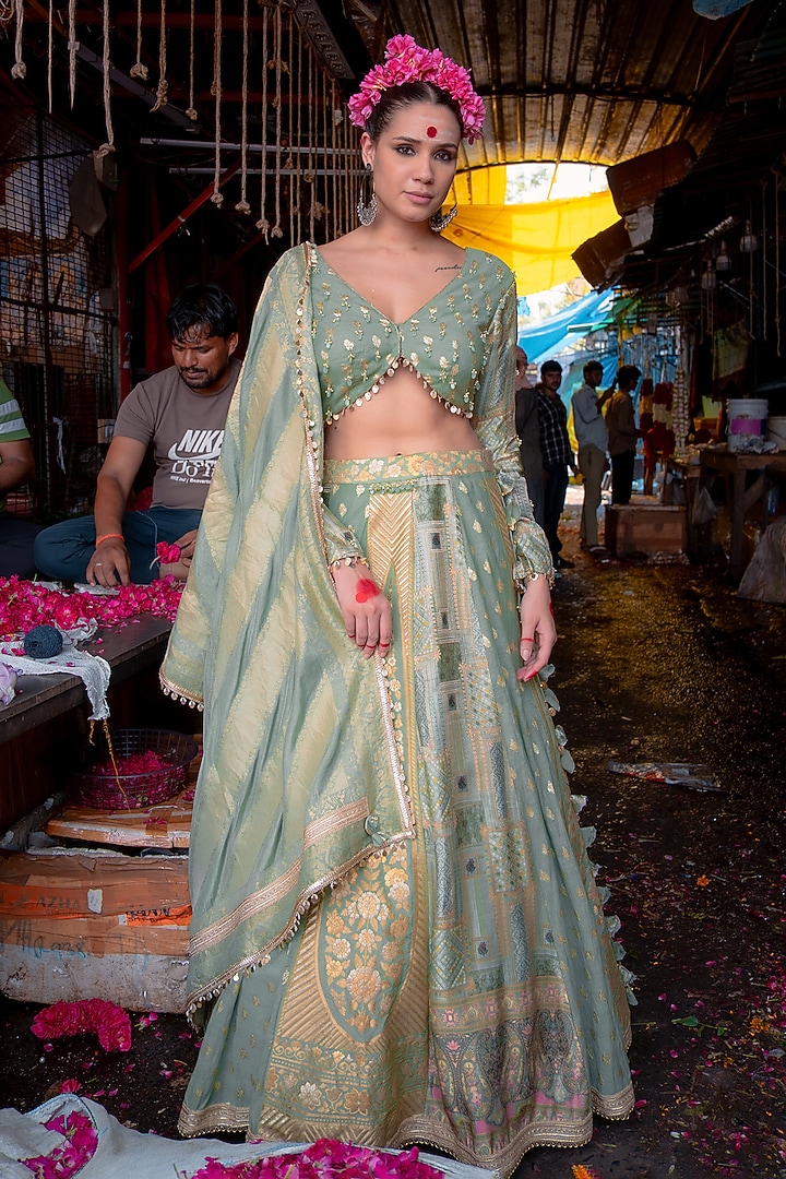 Sage Green Banarasi Silk Wedding Lehenga Set by Soniya G at Pernia's Pop Up Shop
