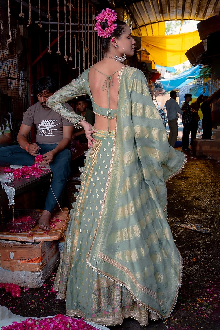 Sage Green Banarasi Silk Wedding Lehenga Set by Soniya G at Pernia's Pop Up Shop