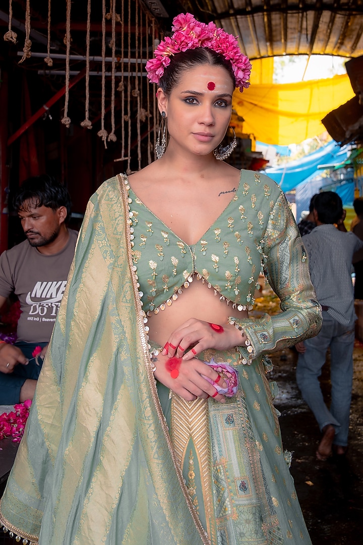 Sage Green Banarasi Silk Wedding Lehenga Set by Soniya G at Pernia's Pop Up Shop