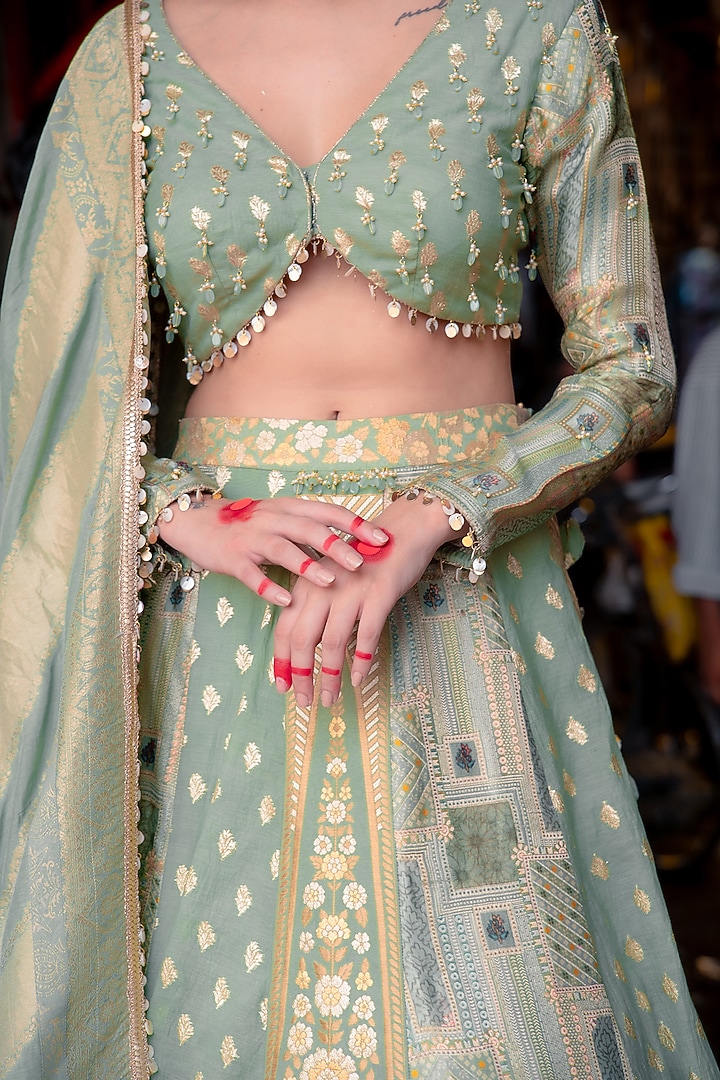 Sage Green Banarasi Silk Wedding Lehenga Set by Soniya G at Pernia's Pop Up Shop