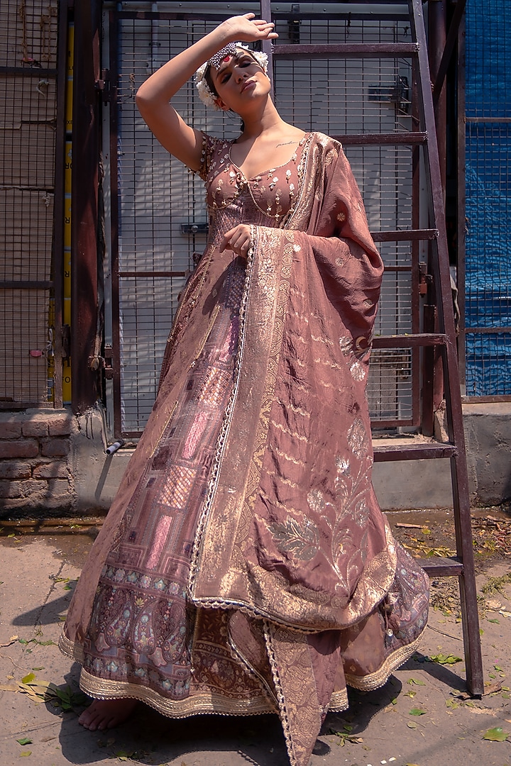 Mocha Brown Banarasi Silk Party Wear Anarkali Set by Soniya G at Pernia's Pop Up Shop