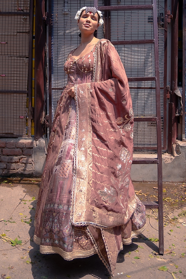 Mocha Brown Banarasi Silk Party Wear Anarkali Set by Soniya G at Pernia's Pop Up Shop
