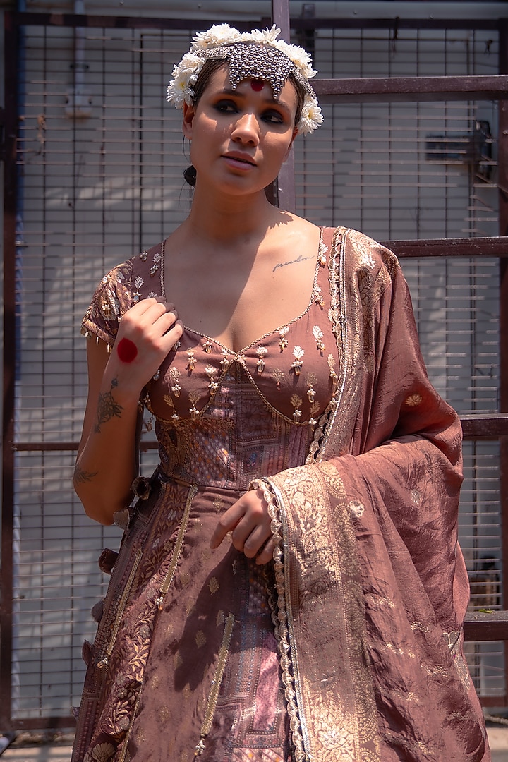 Mocha Brown Banarasi Silk Party Wear Anarkali Set by Soniya G at Pernia's Pop Up Shop