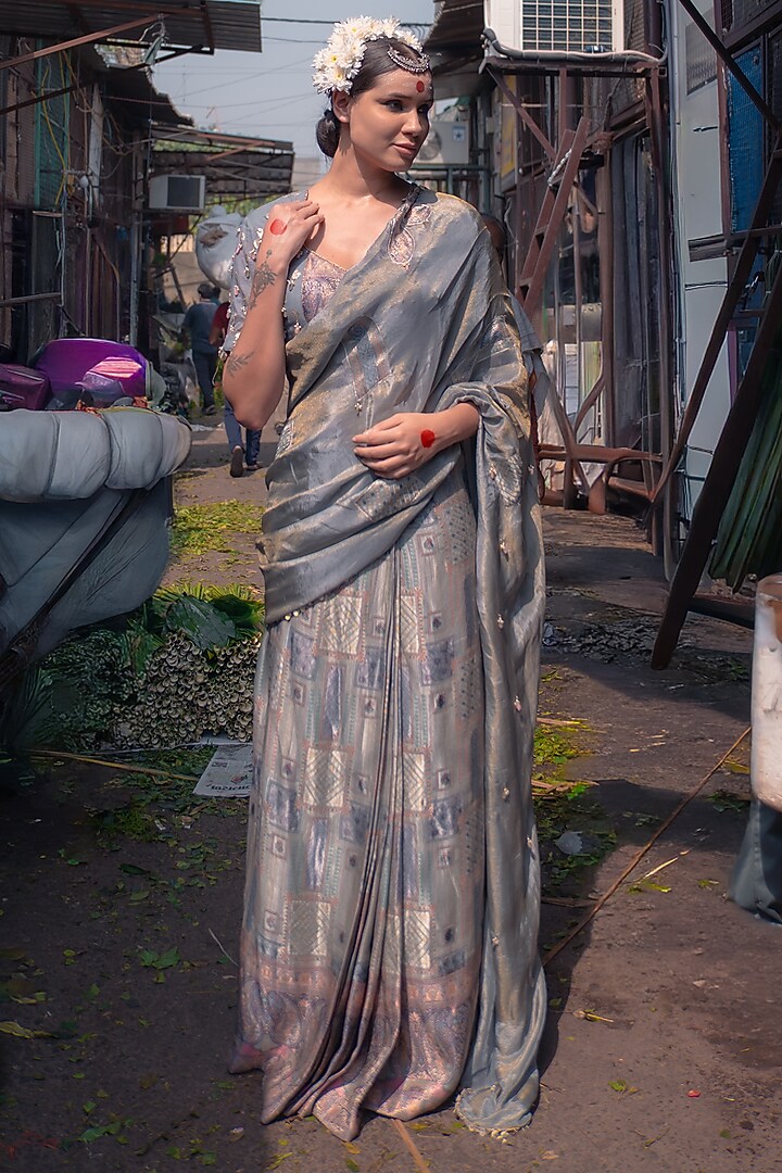 Silver Grey Banarasi Silk Wedding Saree Set by Soniya G at Pernia's Pop Up Shop