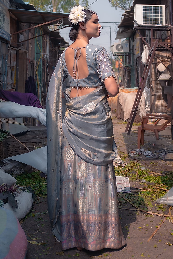 Silver Grey Banarasi Silk Wedding Saree Set by Soniya G at Pernia's Pop Up Shop