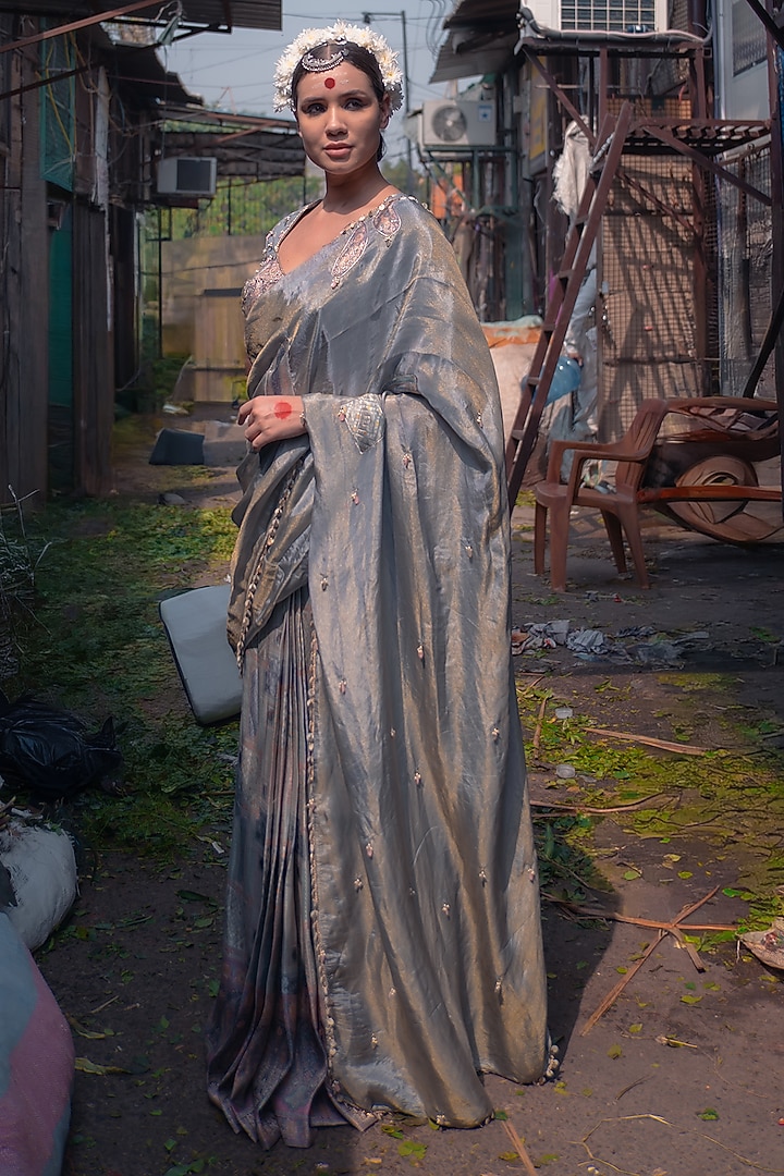 Silver Grey Banarasi Silk Wedding Saree Set by Soniya G at Pernia's Pop Up Shop
