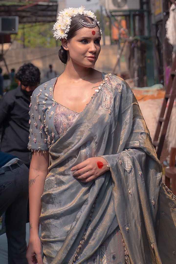Silver Grey Banarasi Silk Wedding Saree Set by Soniya G at Pernia's Pop Up Shop
