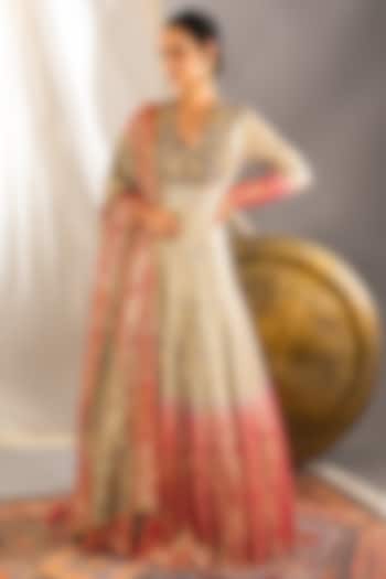 Grey & Pink Ombre Embroidered Anarkali Set by Soniya G