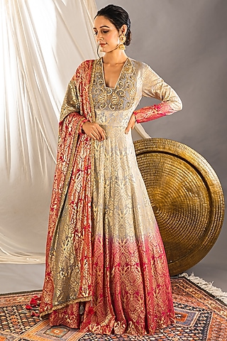 Grey & Pink Ombre Embroidered Anarkali Set by Soniya G