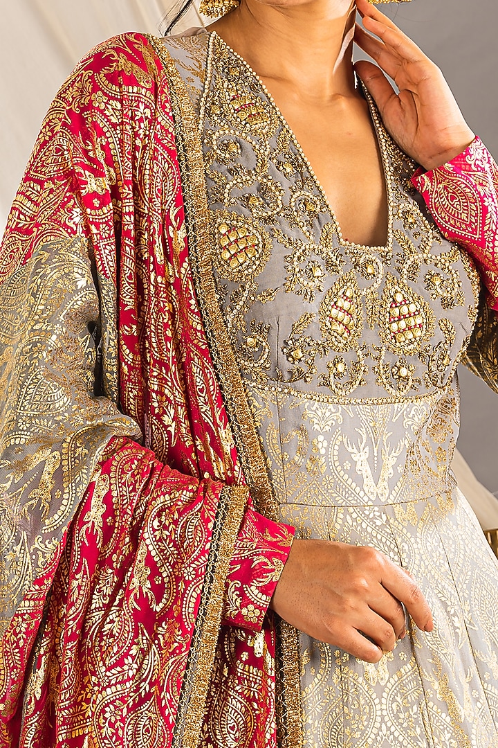 Grey & Pink Ombre Embroidered Wedding Anarkali Set by Soniya G at Pernia's Pop Up Shop
