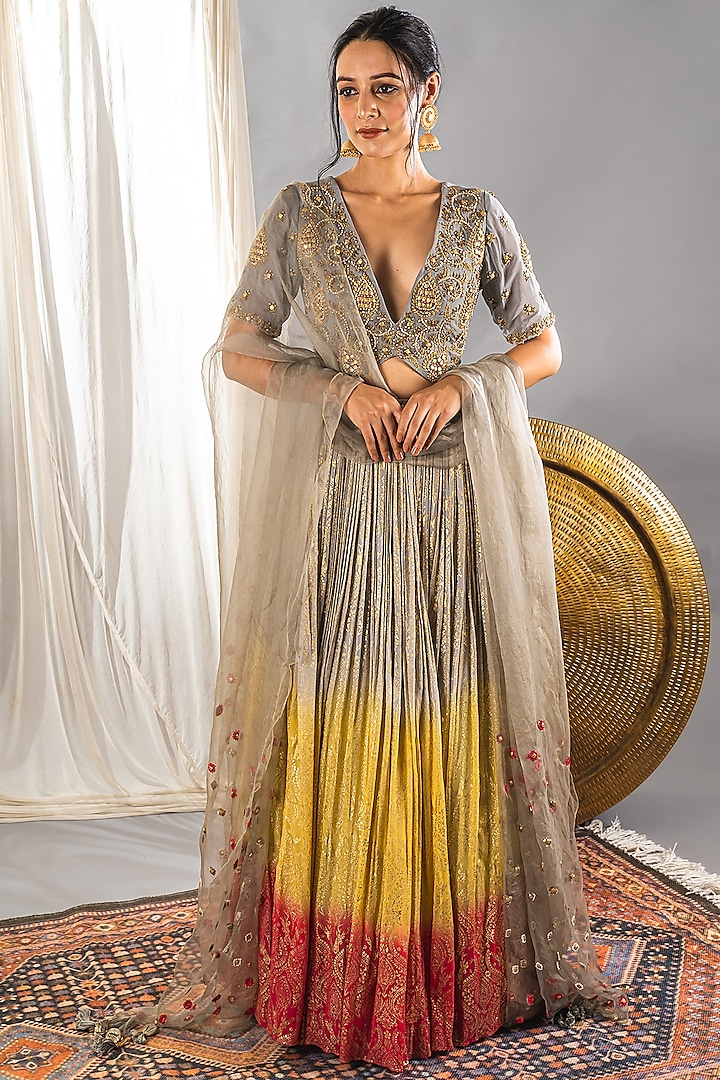 Grey Ombre Embroidered Lehenga Set by Soniya G