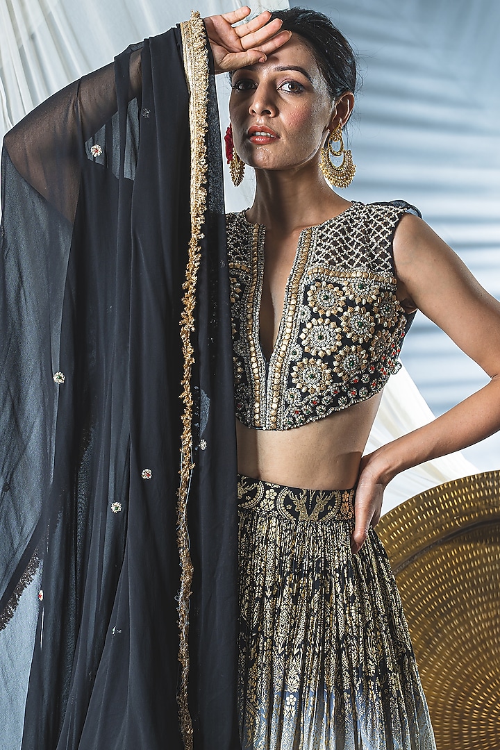 Black Ombre Embroidered Wedding Lehenga Set by Soniya G at Pernia's Pop Up Shop