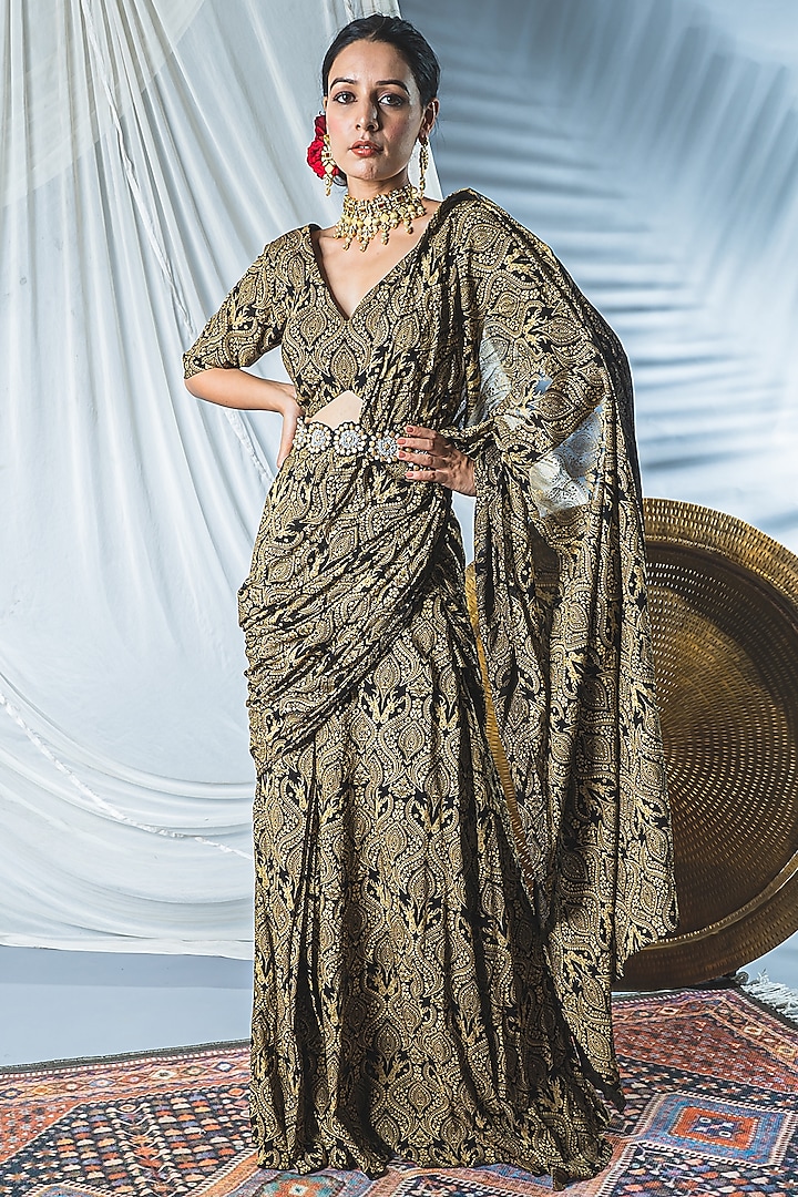 Black & Gold Chanderi Brocade Printed Draped Saree Set by Soniya G
