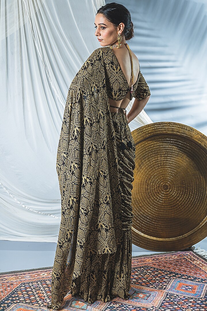 Black & Gold Chanderi Brocade Printed Draped Wedding Saree Set by Soniya G at Pernia's Pop Up Shop