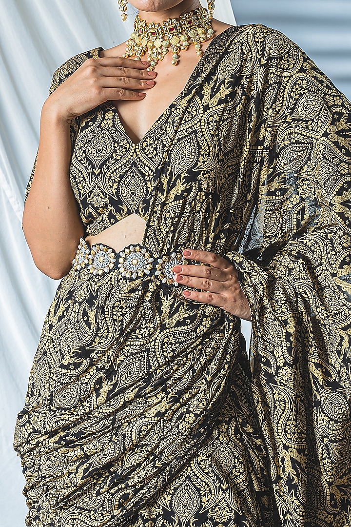 Black & Gold Chanderi Brocade Printed Draped Wedding Saree Set by Soniya G at Pernia's Pop Up Shop