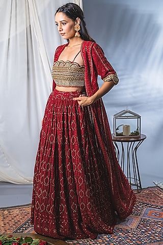 Deep Red Lucknowi Lehenga Set by Soniya G