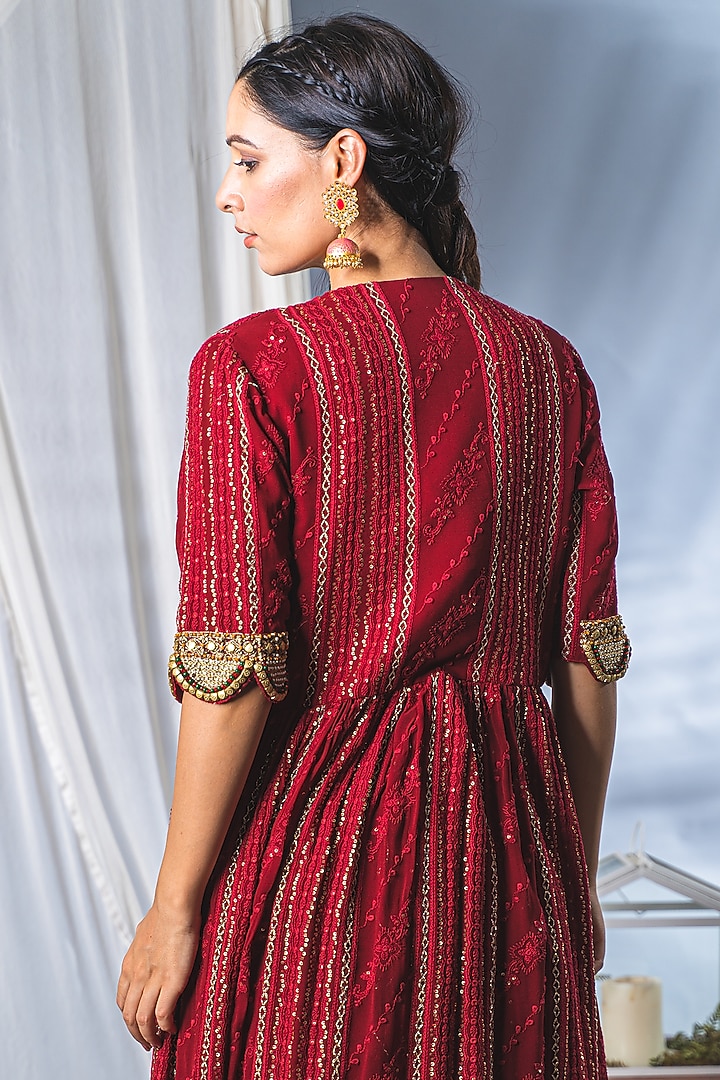Deep Red Lucknowi Wedding Lehenga Set by Soniya G at Pernia's Pop Up Shop