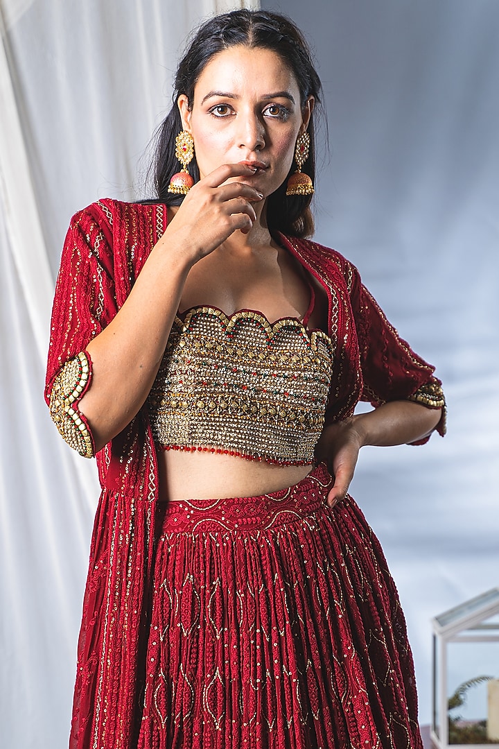 Deep Red Lucknowi Wedding Lehenga Set by Soniya G at Pernia's Pop Up Shop