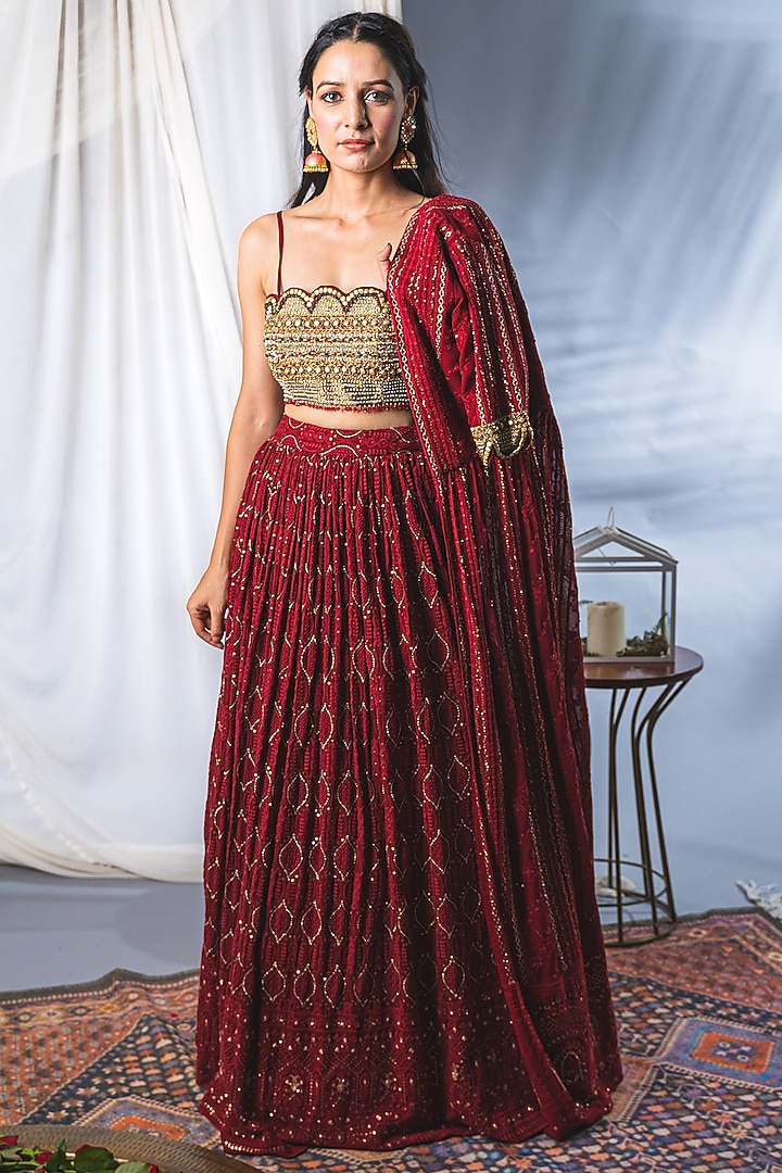 Deep Red Lucknowi Wedding Lehenga Set by Soniya G at Pernia's Pop Up Shop