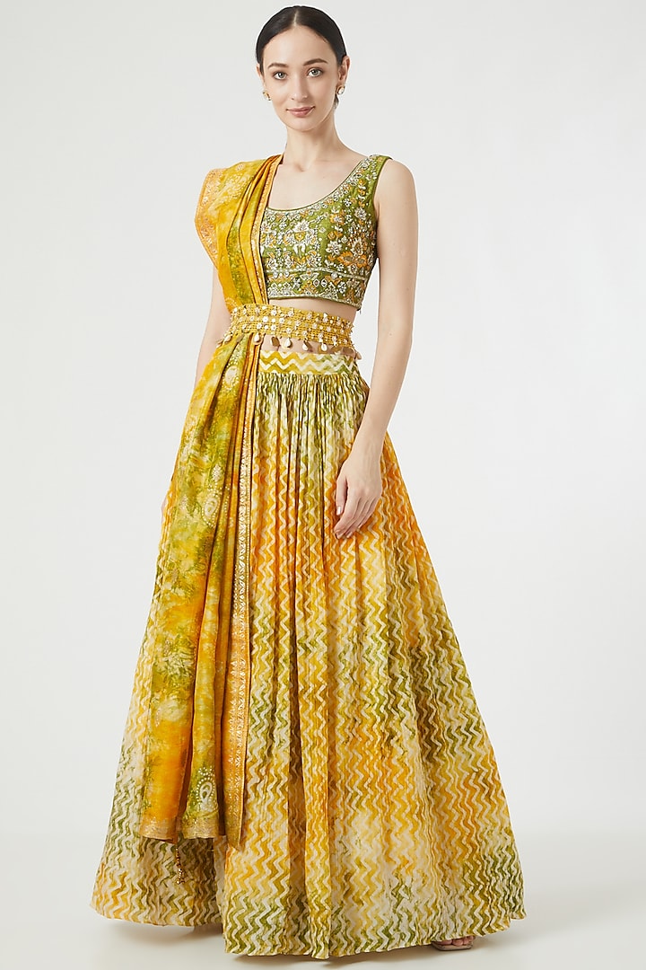 Mustard Printed Lehenga Set by Soniya G