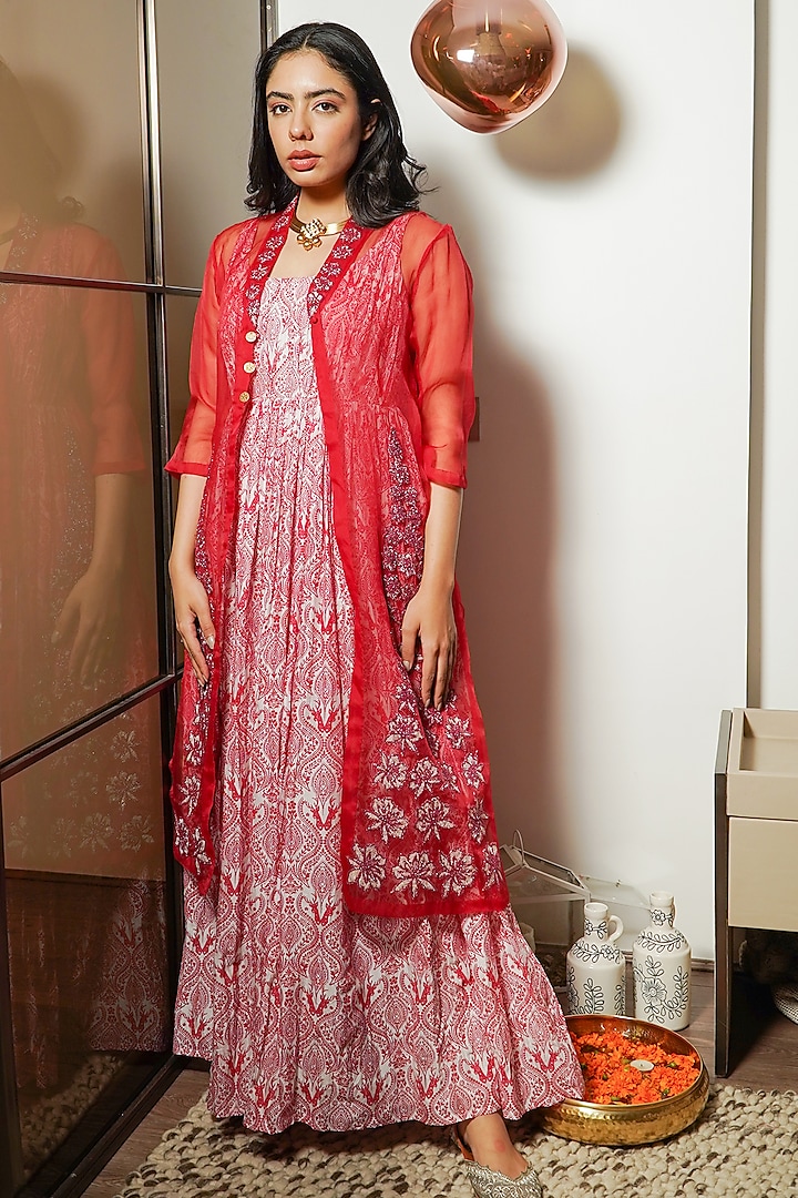 Red Chanderi Silk Printed & Dori Embroidered Anarkali Set by Soniya G at Pernia's Pop Up Shop