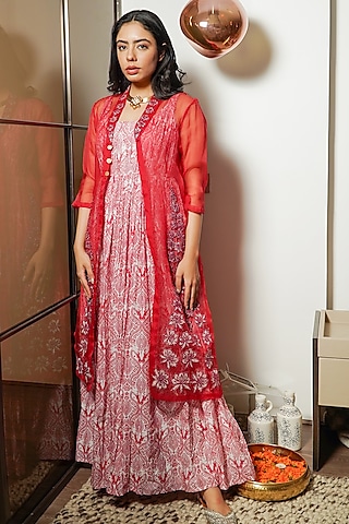 Red Chanderi Silk Printed & Dori Embroidered Anarkali Set by Soniya G