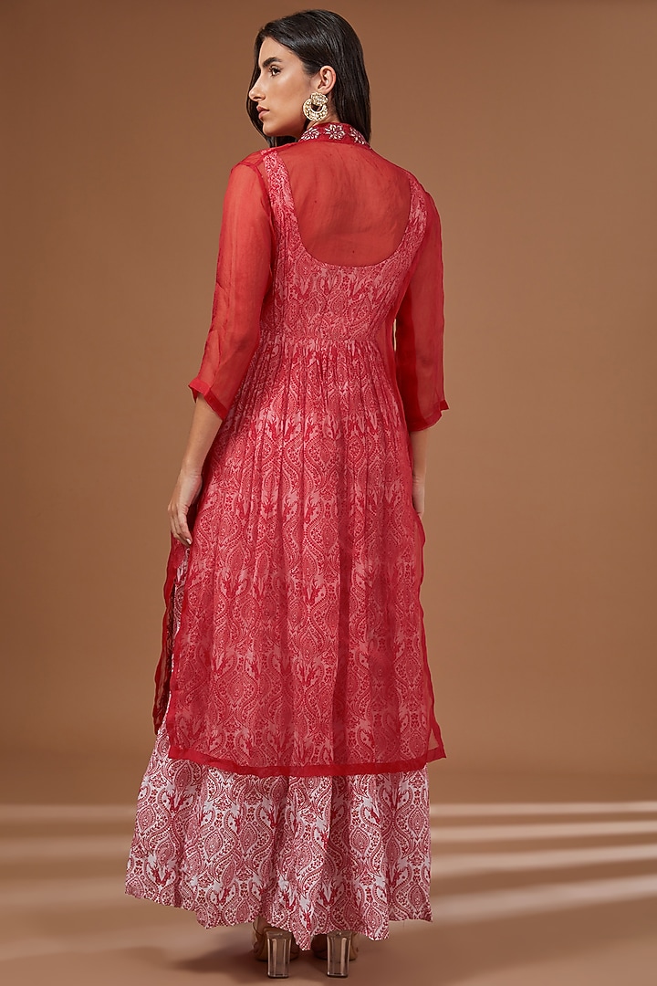 Red Chanderi Silk Printed & Dori Embroidered Party Wear Anarkali Set by Soniya G at Pernia's Pop Up Shop