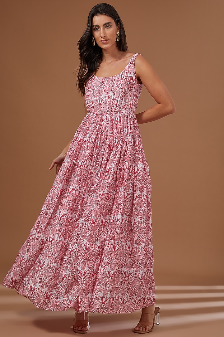 Red Chanderi Silk Printed & Dori Embroidered Party Wear Anarkali Set by Soniya G at Pernia's Pop Up Shop