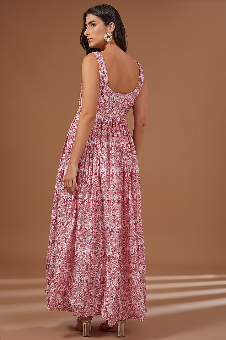 Red Chanderi Silk Printed & Dori Embroidered Party Wear Anarkali Set by Soniya G at Pernia's Pop Up Shop