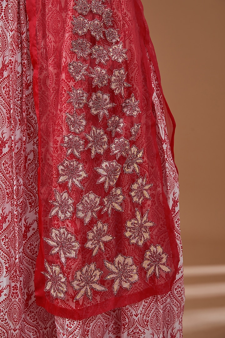 Red Chanderi Silk Printed & Dori Embroidered Party Wear Anarkali Set by Soniya G at Pernia's Pop Up Shop