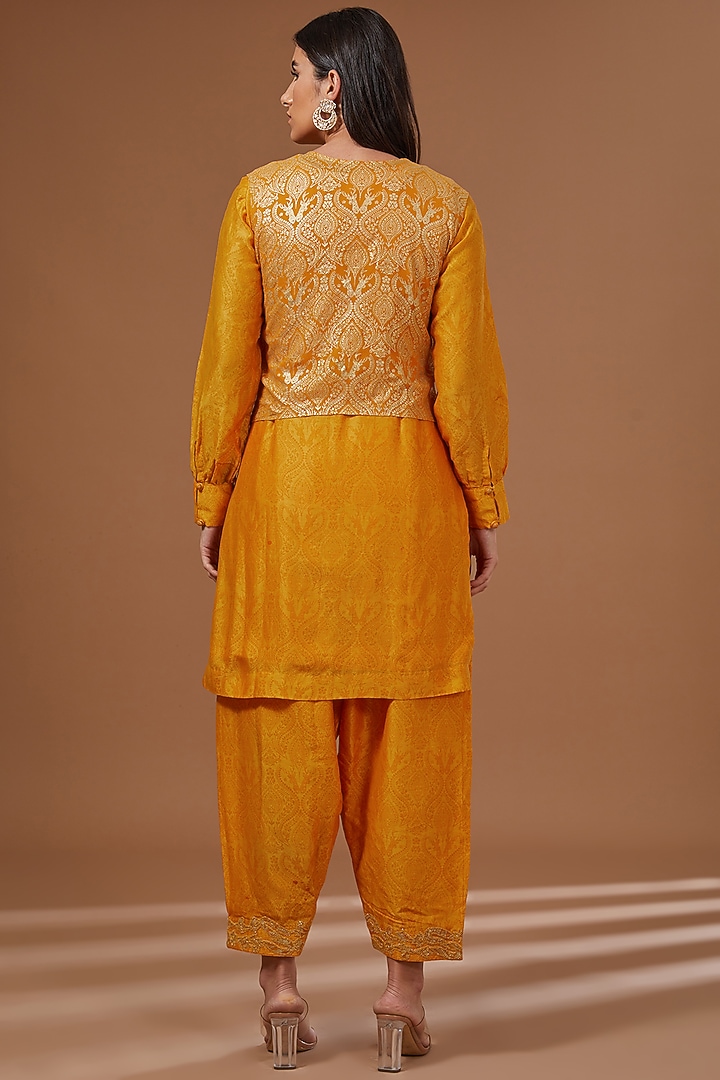 Mustard Chanderi Silk Foil Printed & Dori Embroidered Jacket Set by Soniya G at Pernia's Pop Up Shop