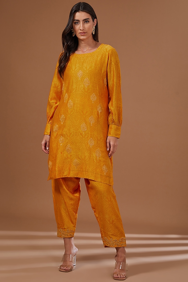 Mustard Chanderi Silk Foil Printed & Dori Embroidered Jacket Set by Soniya G at Pernia's Pop Up Shop