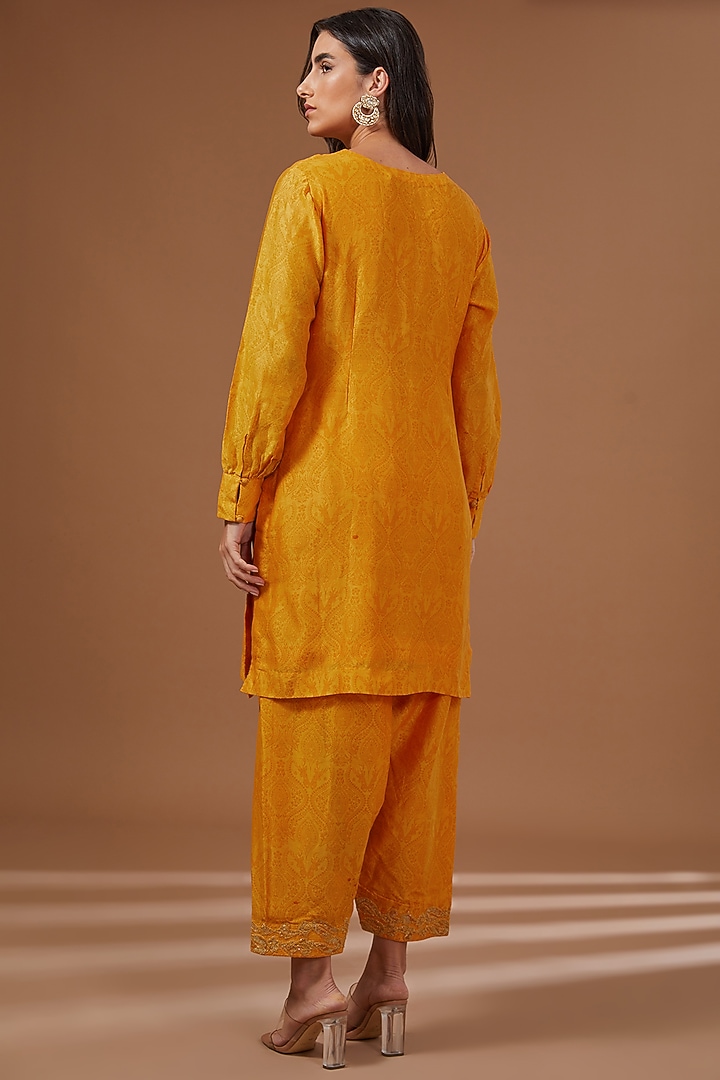 Mustard Chanderi Silk Foil Printed & Dori Embroidered Jacket Set by Soniya G at Pernia's Pop Up Shop