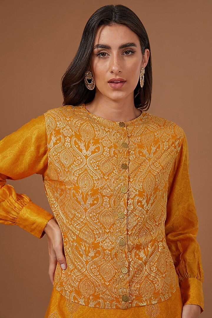 Mustard Chanderi Silk Foil Printed & Dori Embroidered Jacket Set by Soniya G at Pernia's Pop Up Shop