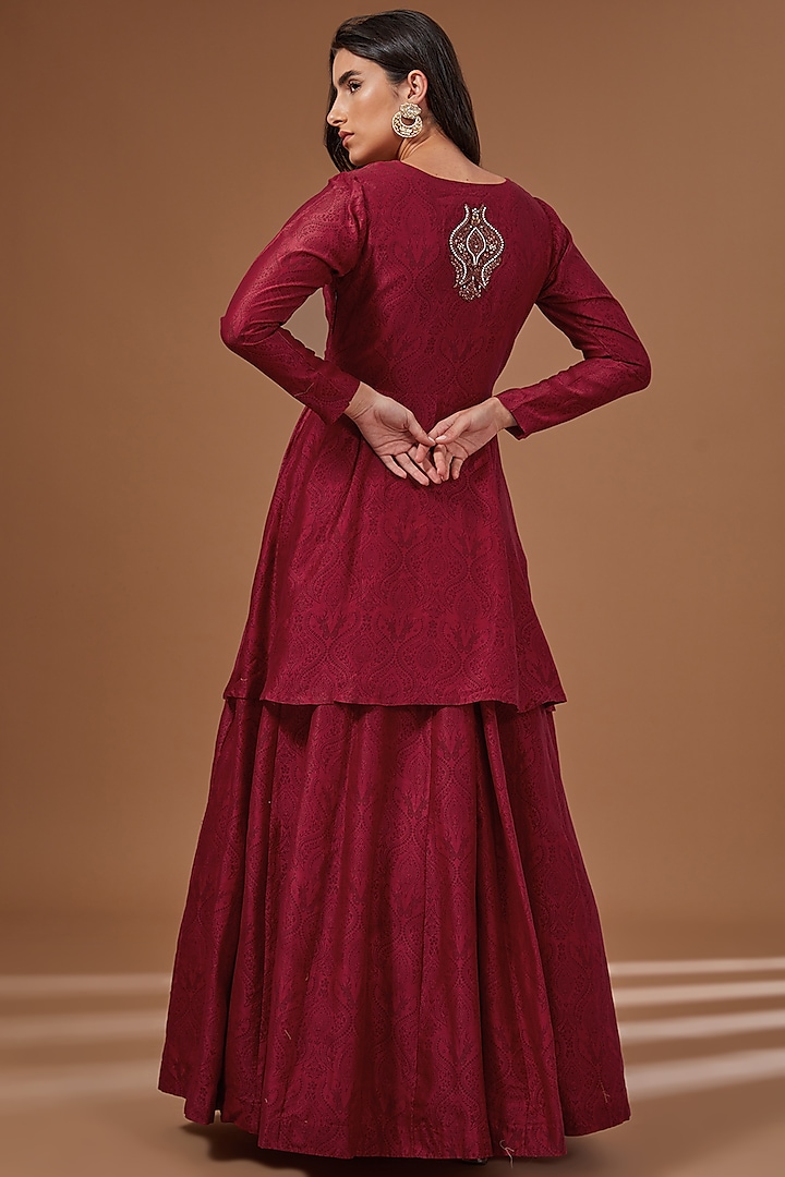 Deep Red Chanderi Silk Printed & Dori Embroidered Peplum Kurta Set by Soniya G at Pernia's Pop Up Shop