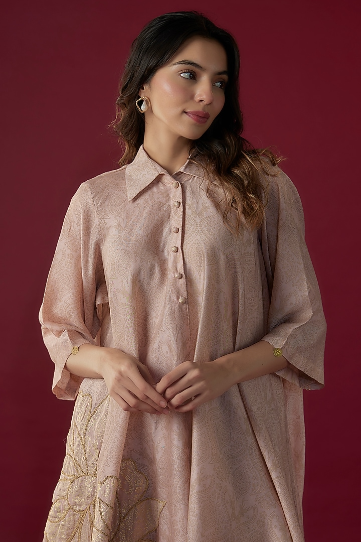 Soft Pink Chanderi Silk Printed & Dori Embroidered Kurta Set by Soniya G at Pernia's Pop Up Shop