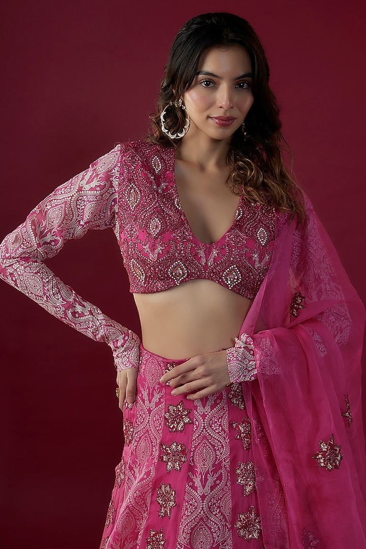 Pink Chanderi Silk Printed & Dori Embroidered Wedding Lehenga Set by Soniya G at Pernia's Pop Up Shop