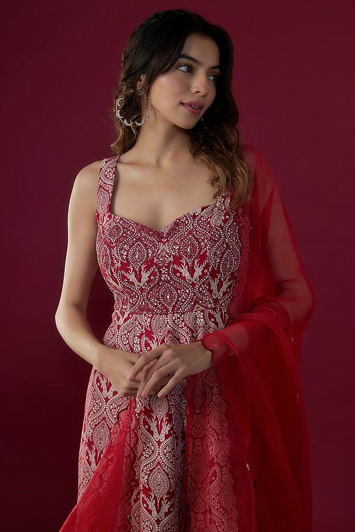 Red Chanderi Silk Printed & Dori Embroidered Wedding Anarkali Set by Soniya G at Pernia's Pop Up Shop