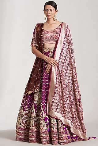 Coral Red Embroidered Lehenga Set by Soniya G