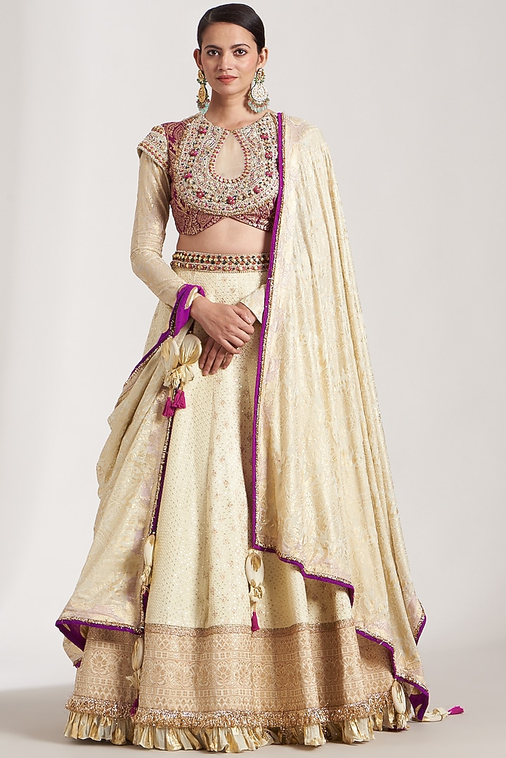 Cream Pure Silk Blend Wedding Lehenga Set by Soniya G at Pernia's Pop Up Shop