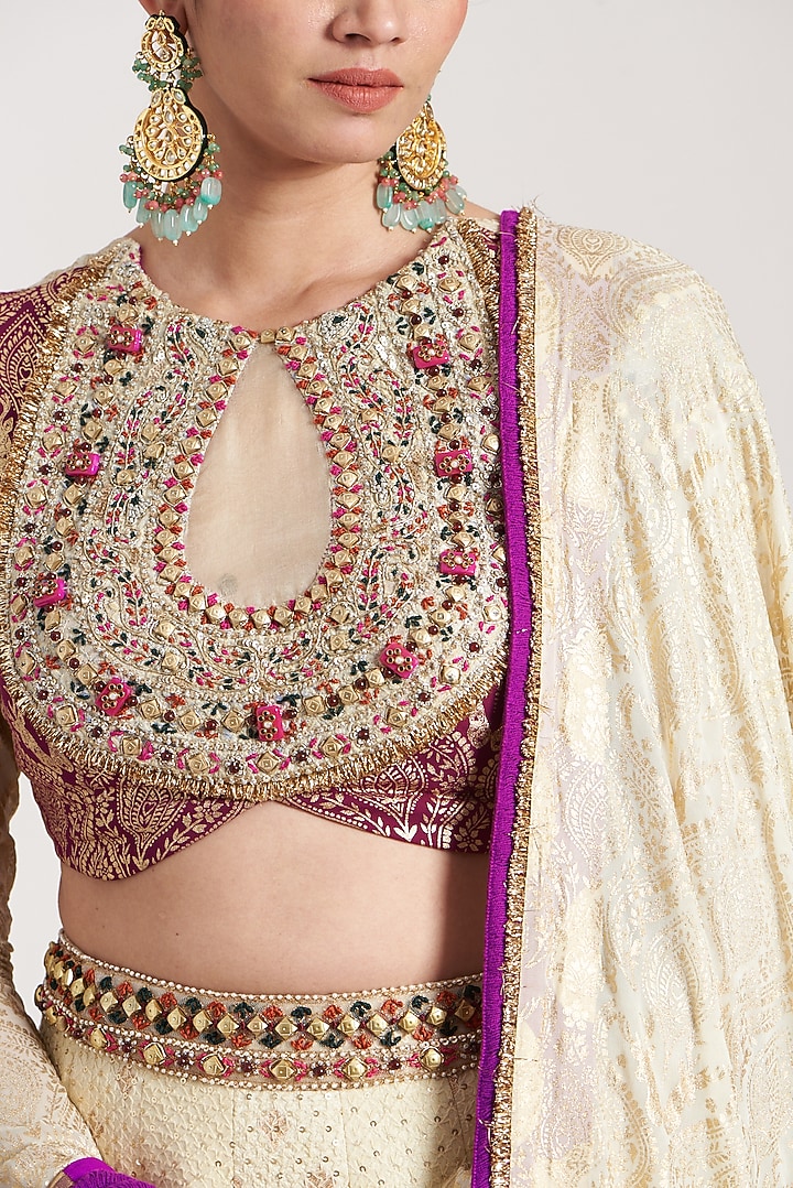 Cream Pure Silk Blend Wedding Lehenga Set by Soniya G at Pernia's Pop Up Shop